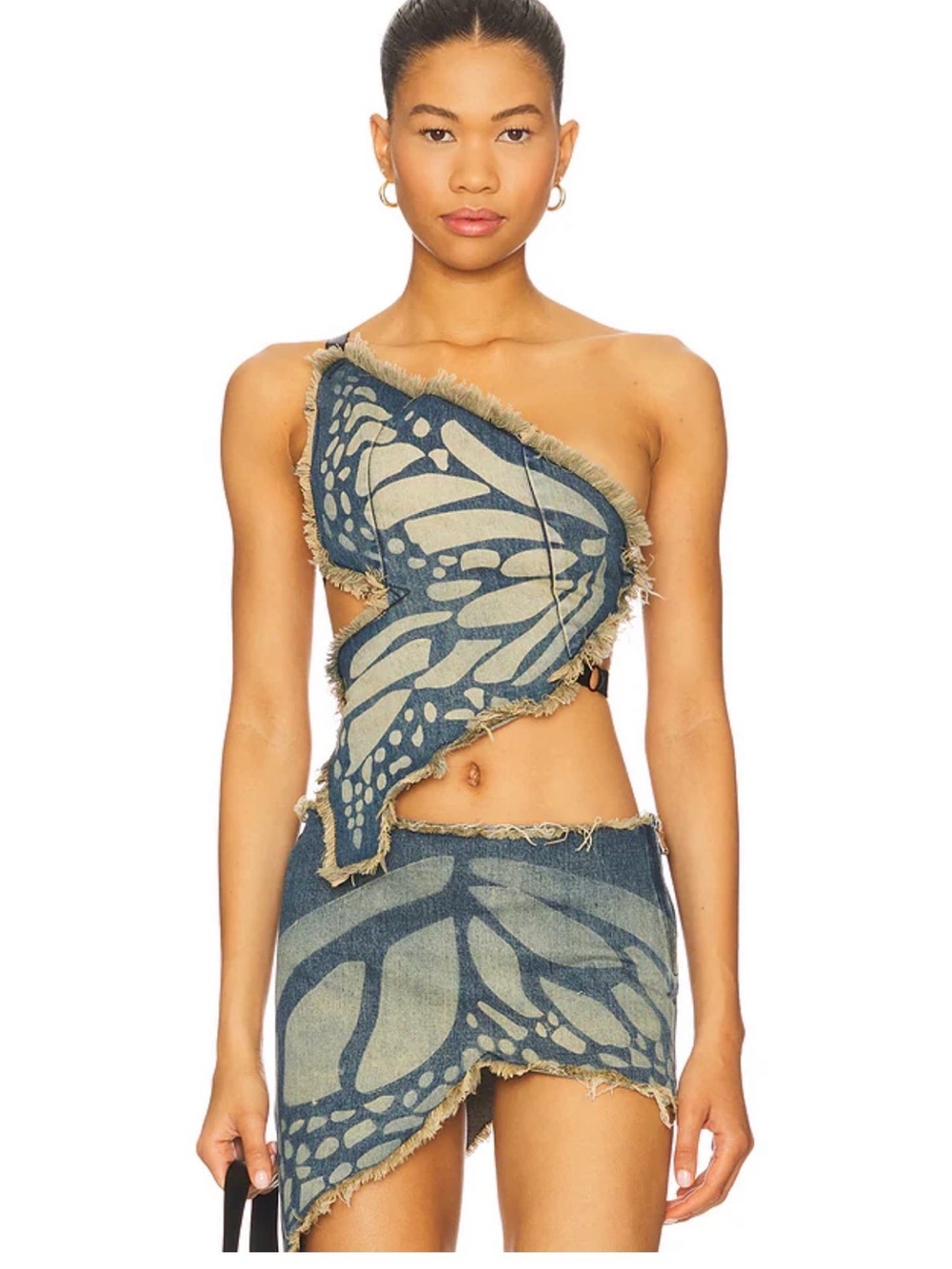 Asymmetric One-Shoulder Blue Denim Butterfly Print Dress